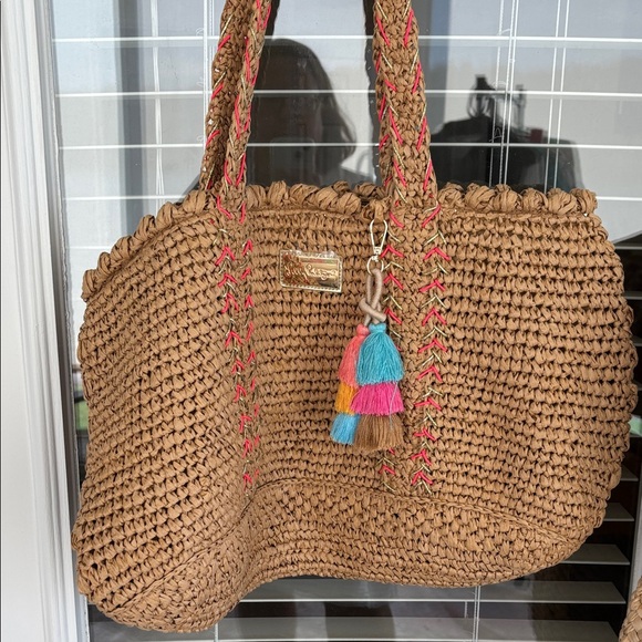 Lilly Pulitzer Tan Woven paper Tote with Colorful Tassel - Picture 1 of 8